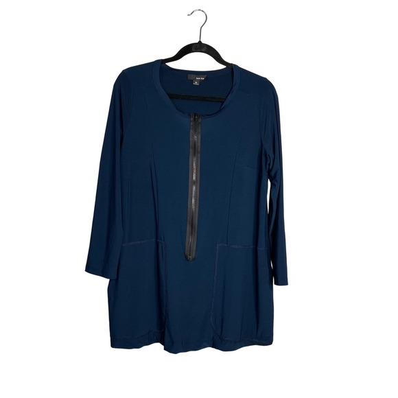 Sun Kim Tunic Top Size M Blue Long Sleeve Pockets Zip Front Lagenlook Artsy‎ USA - Picture 1 of 7